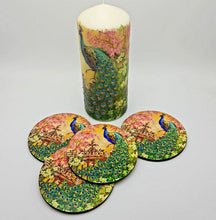 Load image into Gallery viewer, Peacock gift set, pillar candle and MDF coasters, housewarming gift set for her, for him, for mother, for friend