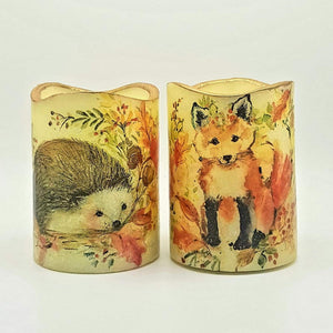 Fox and hedgehog LED wax candles, Golden autumn flameless pillar candles, autumn home decor, gift set