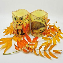 Load image into Gallery viewer, Fox and hedgehog LED wax candles, Golden autumn flameless pillar candles, autumn home decor, gift set