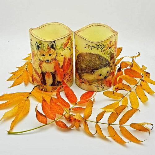 Fox and hedgehog LED wax candles, Golden autumn flameless pillar candles, autumn home decor, gift set