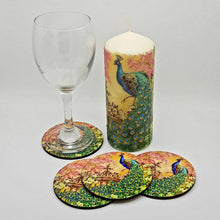 Load image into Gallery viewer, Peacock gift set, pillar candle and MDF coasters, housewarming gift set for her, for him, for mother, for friend