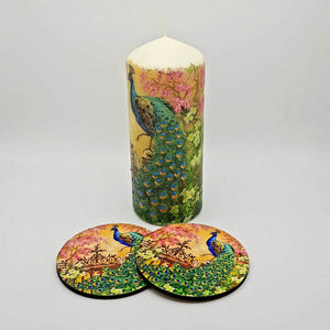 Peacock gift set, pillar candle and MDF coasters, housewarming gift set for her, for him, for mother, for friend