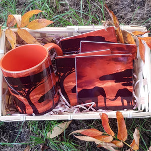 African sunset mug and coasters gift set, Tableware, home and garden African elephant decor, orange mug