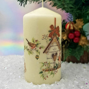 Christmas candle, Festive birdhouse decorative centrepiece candle, Traditional Christmas gift, holiday decor