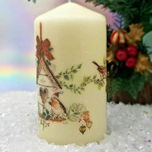 Load image into Gallery viewer, Christmas candle, Festive birdhouse decorative centrepiece candle, Traditional Christmas gift, holiday decor