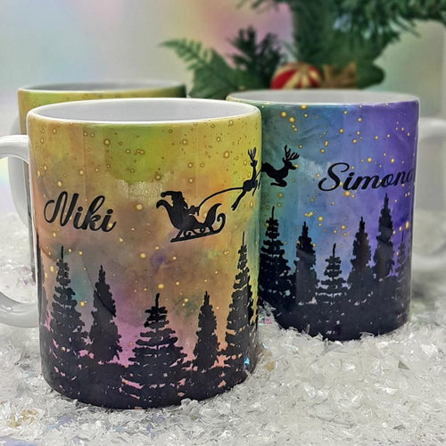 Personalised Christmas mug, Flying Santa mug and coaster gift set, Secret Santa gift