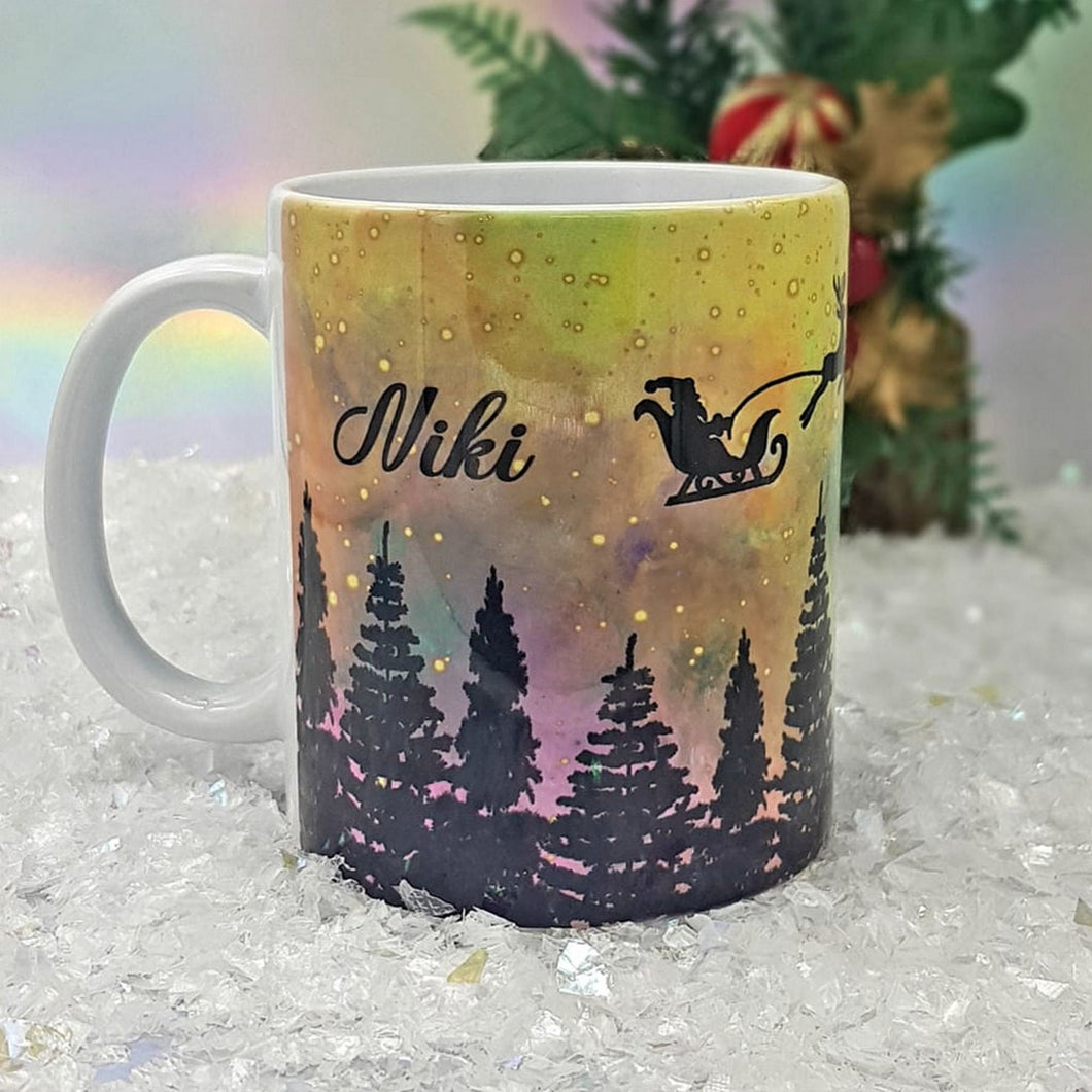 Personalised Christmas mug, Flying Santa mug and coaster gift set, Secret Santa gift