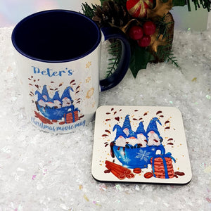 Personalised Christmas blue mug and coaster gift set, Christmas tableware gift, Secret Santa gift