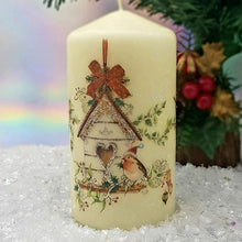 Load image into Gallery viewer, Christmas candle, Festive birdhouse decorative centrepiece candle, Traditional Christmas gift, holiday decor