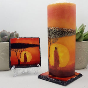 African sunset slate coasters, candle holder, letter box gift, set of 2, tableware gift set for her, for him, for mother, for friend