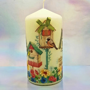 Decorative candle, Spring birdhouse lover gift, pillar candle decor