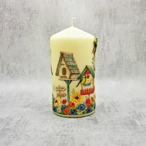 Decorative candle, Spring birdhouse lover gift, pillar candle decor