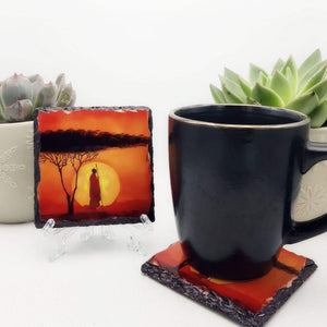 African sunset slate coasters, candle holder, letter box gift, set of 2, tableware gift set for her, for him, for mother, for friend