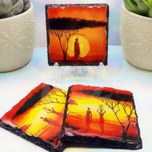 Load image into Gallery viewer, African sunset slate coasters, candle holder, letter box gift, set of 2, tableware gift set for her, for him, for mother, for friend