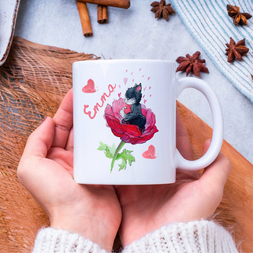 Personalised cat mug, Cat in flowers coffee and tea cup, Cat lover gift for friend, sister, brother, mother, dad