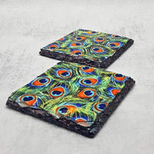 Load image into Gallery viewer, Slate coasters, letter box gift, set of 2 Peacock feather coasters gift set for her, for him, for mother, for friend