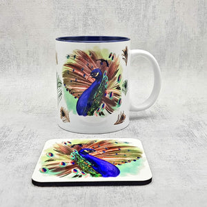 Peacock mug and coaster, Ceramic tableware, personalised mug and coaster