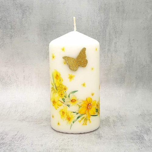 Decorative pillar candle, Golden daffodils and butterflies candle, candle gift decor
