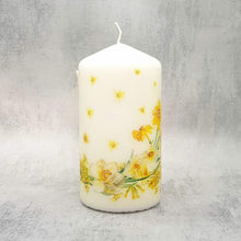 Load image into Gallery viewer, Decorative pillar candle, Golden daffodils and butterflies candle, candle gift decor