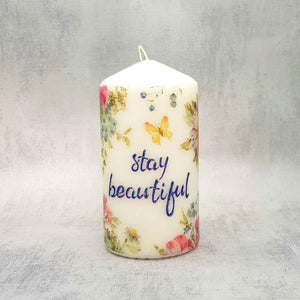 Decorative pillar candle, Stay beautiful candle, candle gift decor