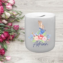 Load image into Gallery viewer, Personalised money box, Child&#39;s piggy bank, Peter rabbit coin box, Christening gift, New baby gift, First birthday