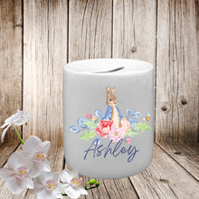 Load image into Gallery viewer, Personalised money box, Child&#39;s piggy bank, Peter rabbit coin box, Christening gift, New baby gift, First birthday