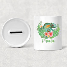 Load image into Gallery viewer, Personalised jungle money box, Custom initial name piggy bank, New baby gift, First birthday, Jungle nursery decor