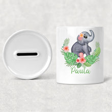 Load image into Gallery viewer, Personalised jungle money box, Custom initial name piggy bank, New baby gift, First birthday, Jungle nursery decor