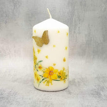 Load image into Gallery viewer, Decorative pillar candle, Golden daffodils and butterflies candle, candle gift decor