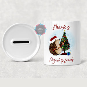 Personalised Christmas money box, hedgehog piggy bank, keepsake gift