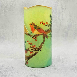 Christmas LED pillar candle, Winter birdhouse flickering scented flameless candle, winter robin
