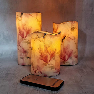 Set of 3 decorative LED flameless flickering candles, Pink magnolia home decor candles