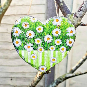 Floral slate heart, Pansies and daisies hanging wall decor, indoor, garden and outdoor decor, gift idea