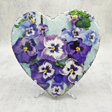 Load image into Gallery viewer, Floral slate heart, Pansies and daisies hanging wall decor, indoor, garden and outdoor decor, gift idea