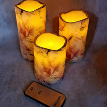Load image into Gallery viewer, Set of 3 decorative LED flameless flickering candles, Pink magnolia home decor candles