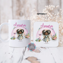 Load image into Gallery viewer, Personalised Fairy mug and coaster set, Rainbow mug and coaster gift for girls, Kids table set