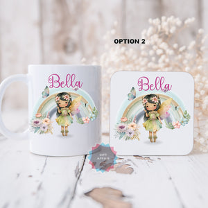 Personalised Fairy mug and coaster set, Rainbow mug and coaster gift for girls, Kids table set