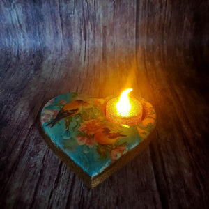 Wooden tea light candle holder, heart shaped candle holder and LED candle set