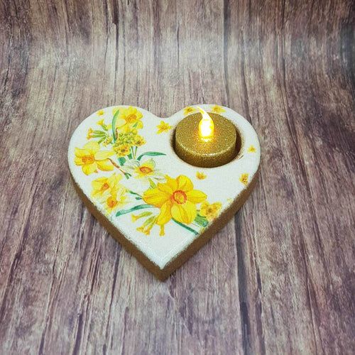 Tealight candle holder, Yellow daffodils wooden heart shaped candle holder and flameless candle set
