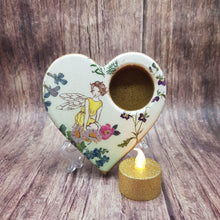 Load image into Gallery viewer, Tealight candle holder, woodland fairy wooden heart shaped candle holder and flameless candle set