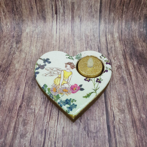 Tealight candle holder, woodland fairy wooden heart shaped candle holder and flameless candle set