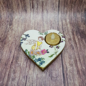 Tealight candle holder, woodland fairy wooden heart shaped candle holder and flameless candle set