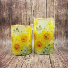 Load image into Gallery viewer, Daffodils LED candles, Set of 2 flameless flickering pillar candles, spring home decor, Mothers day gift