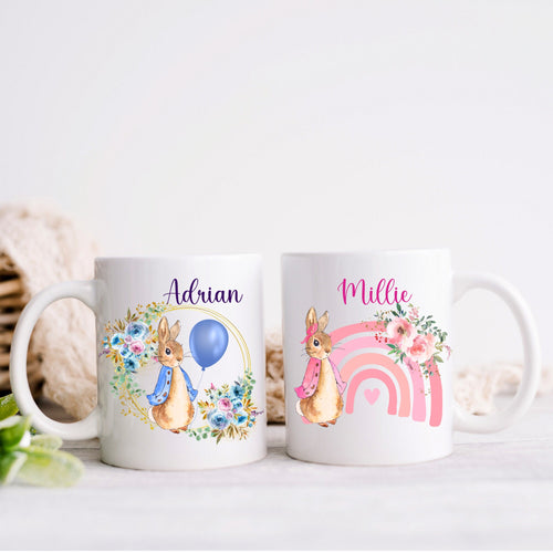 Personalised PPeter rabbit mug, Rainbow bunny mug, Hot chocolate mug gift, Birthday gift, Gift for daughter, sister