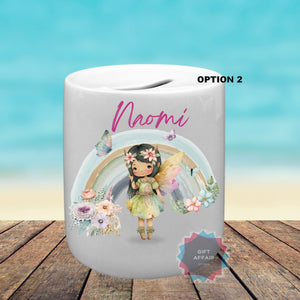 Personalised rainbow fairy ceramic piggy bank, Ceramic money box, Magic fairy Birthday gift, keepsake for girls