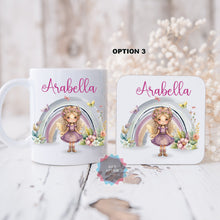 Load image into Gallery viewer, Personalised Fairy mug and coaster set, Rainbow mug and coaster gift for girls, Kids table set