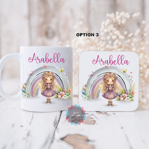 Personalised Fairy mug and coaster set, Rainbow mug and coaster gift for girls, Kids table set