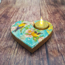 Load image into Gallery viewer, Wooden tea light candle holder, heart shaped candle holder and LED candle set