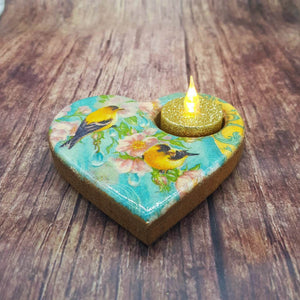 Wooden tea light candle holder, heart shaped candle holder and LED candle set