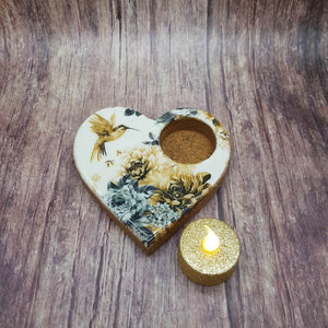 Tealight candle holder, wooden heart shaped candle holder and flameless candle set